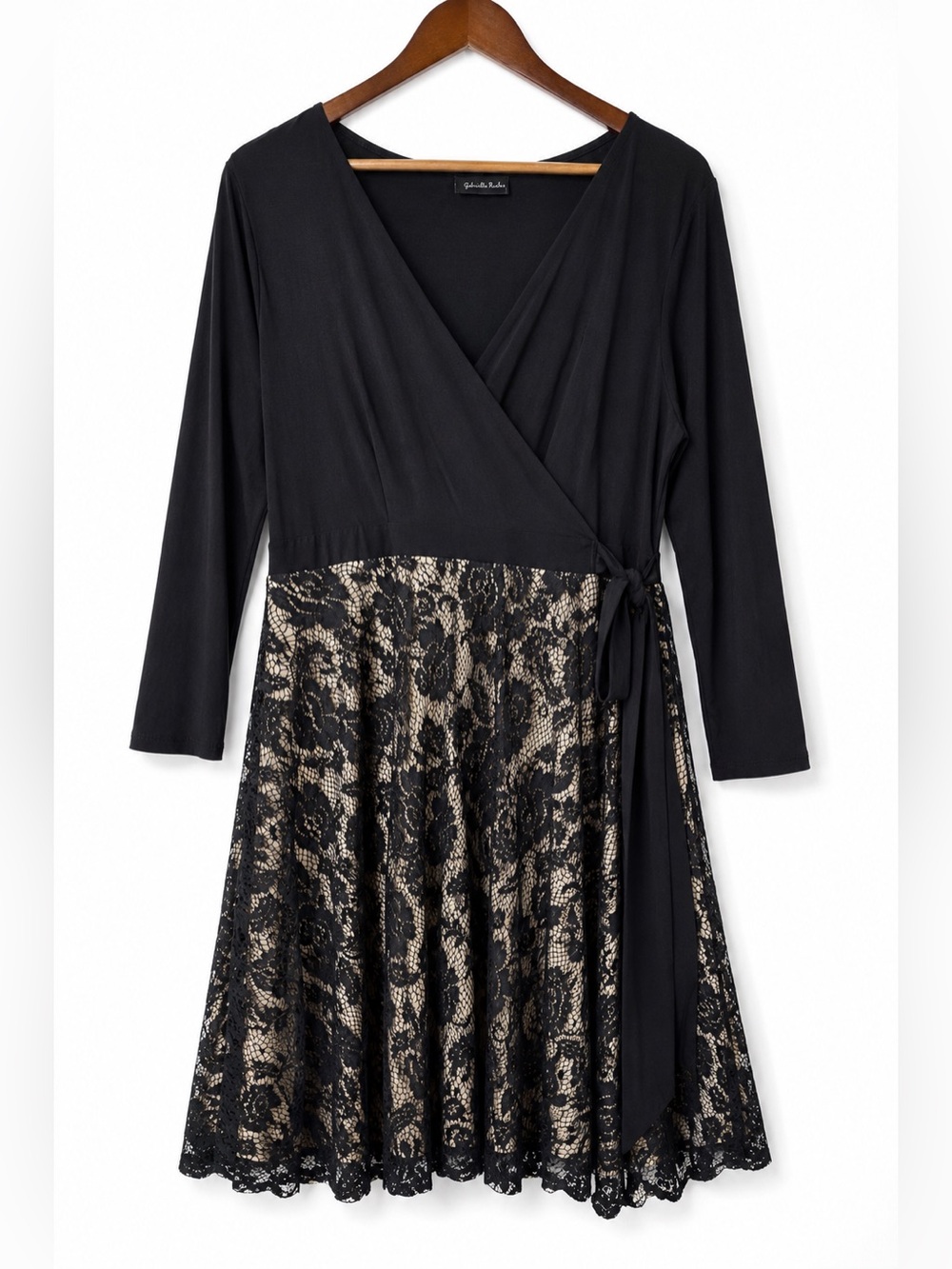 Gabriella Rocha 2X Black Beige Lace Faux Wrap Dress